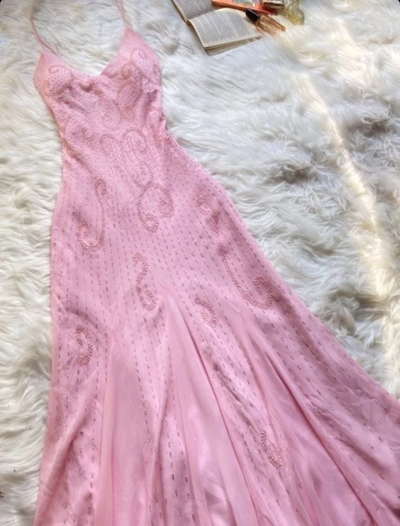 Pink spaghetti strap beaded A-line long elegant ball gown evening dress party dress gh2927