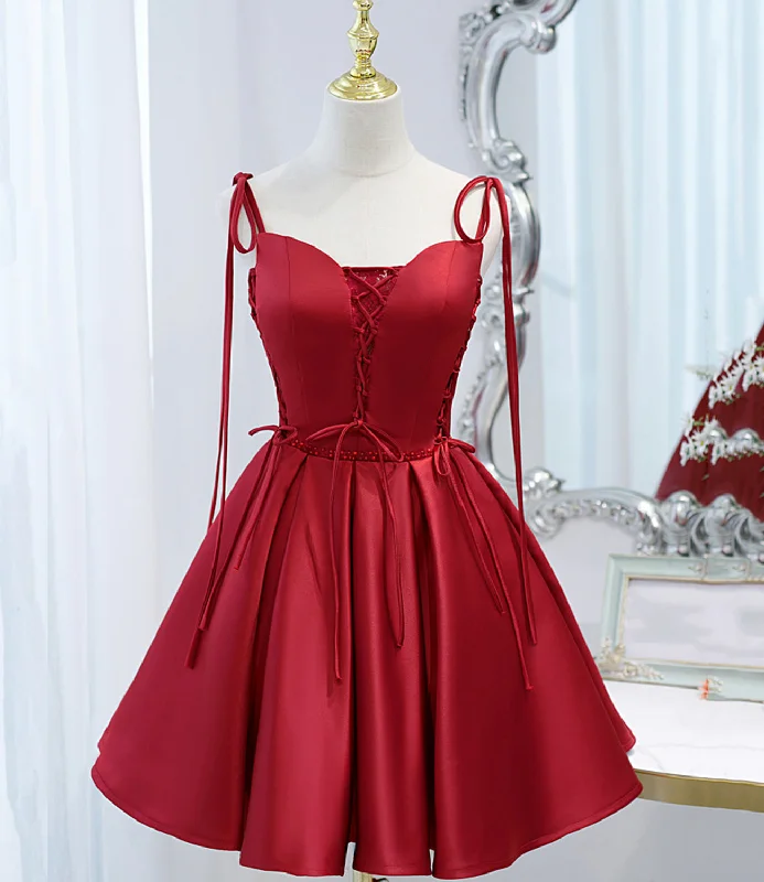 Burgundy satin lace-up short prom dress party dress  10098