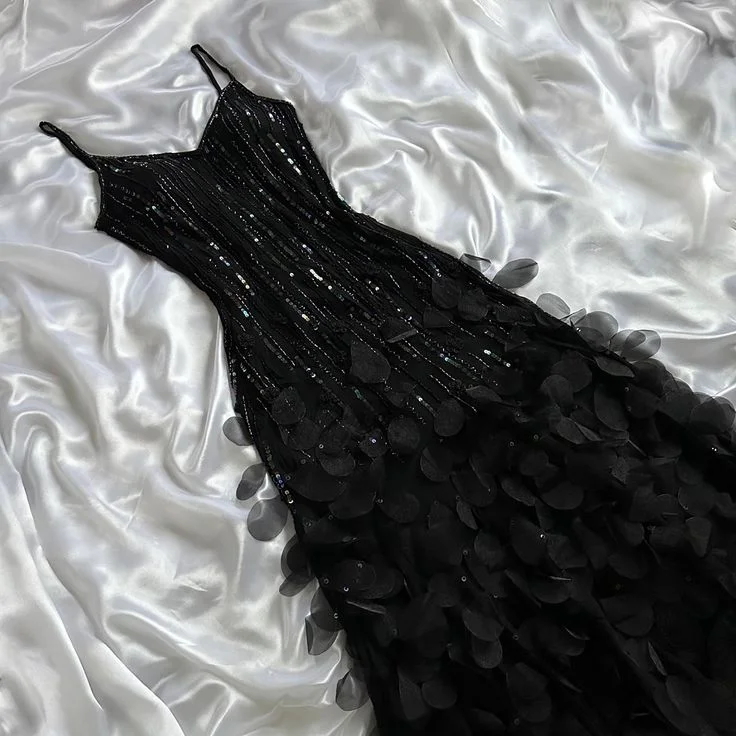 Black shiny elegant spaghetti strap sequined long ball gown prom dress evening dress party dress gh3142