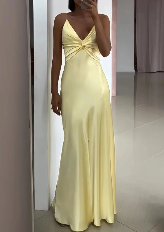 Yellow Fashion V-neck Spaghetti Straps Elegant Long Satin Back Tie-up Ball Gown Evening Dress Party Dress gh3160