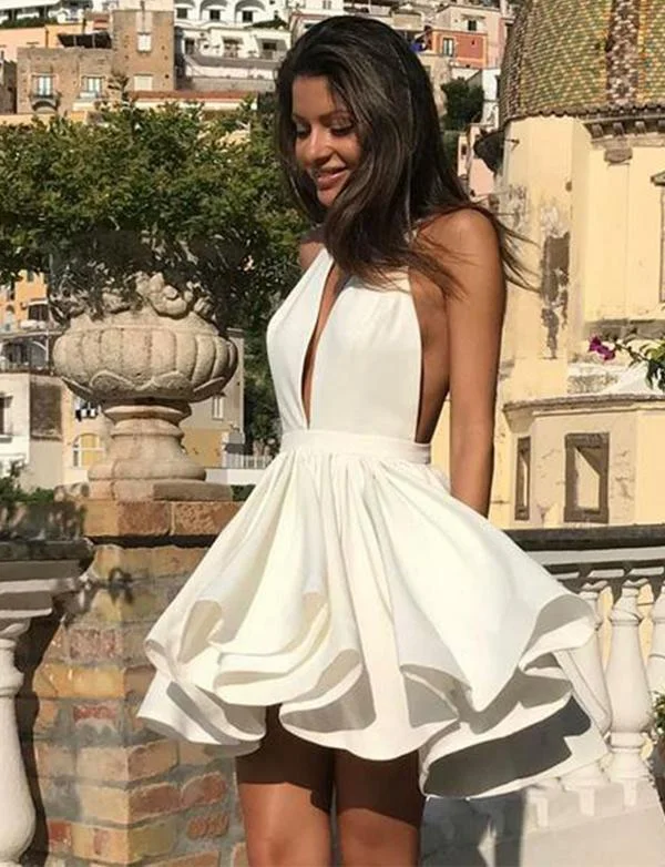 Deep V Neck White Short Homecoming Dresses 2024 Party Dresses gh826