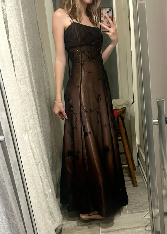 Brown Vintage Exquisite Beaded Spaghetti Strap Long Tulle Elegant Ball Gown Evening Dress Party Dress Prom Dress gh3153