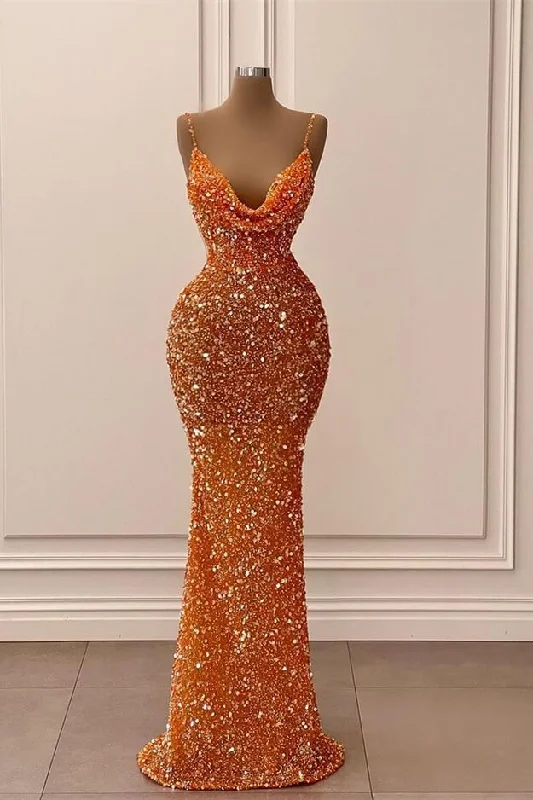 Orange gorgeous shiny V-neck mermaid slim spaghetti straps long sequined ball gown evening dress party dress gh2070