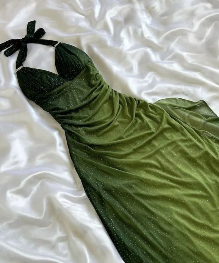 Green shiny elegant strap gradient long chiffon ball gown prom dress evening dress party dress gh2935