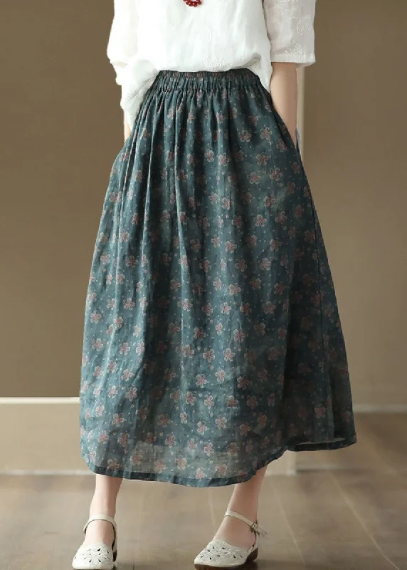 Blue Pockets Print Patchwork Linen Skirts Wrinkled Summer