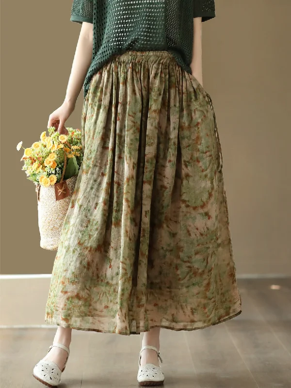 Casual Summer Artsy Floral Drawstring Loose Ramie Skirt