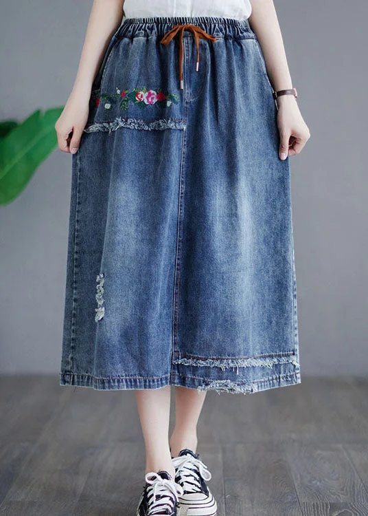 Style Blue Embroideried Pockets Elastic Waist Patchwork Cotton Skirt Summer