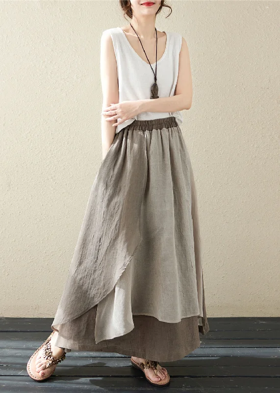 Vintage Khaki Pockets Asymmetrical Design Patchwork Linen Skirt