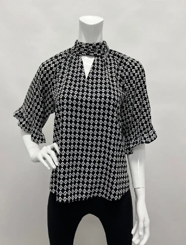 Women's Black & White Diamond Print Blouse Gathered Neck | LIOR