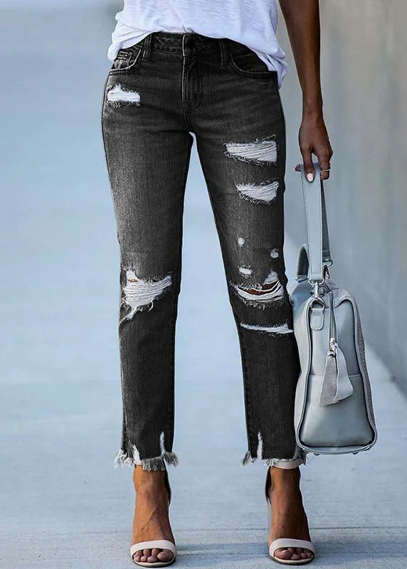 Black Denim Ripped Pants High Waist Summer