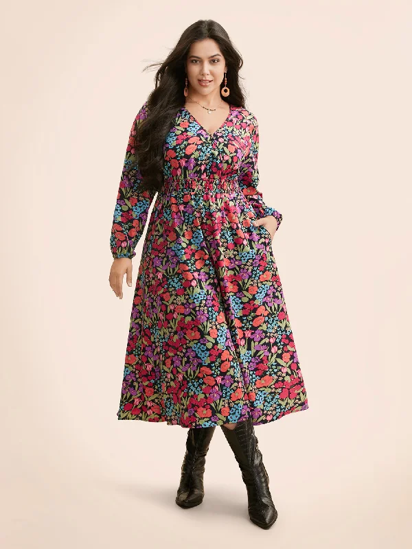 Floral Overlap Collar Shirred Dress