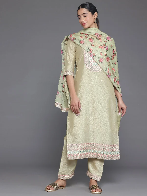 Green Embroidered Silk Blend Straight Suit With Dupatta