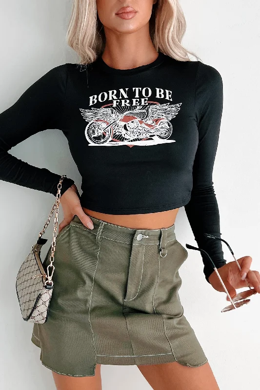 "Born To Be Free" Long Sleeve Graphic Top (Black)