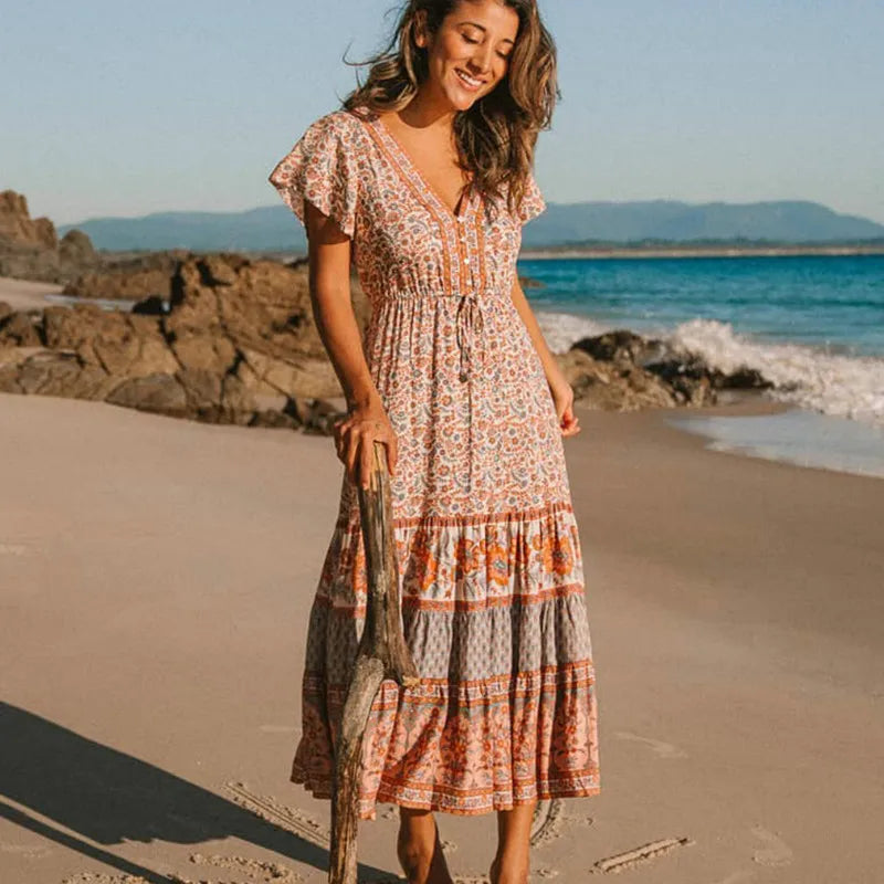 FashionSierra-Drawstring Waist  Midi  Vintage  Cotton  Floral Print  Casual  Long  Summer  V-Neck  Beach Boho Dress