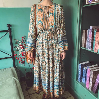 FashionSierra-Long Sleeve Midi  Women  Vintage Floral Printed  Cotton Rayon  2024  Autumn  Tunic  Casual  Long  Vestidos Boho Dress