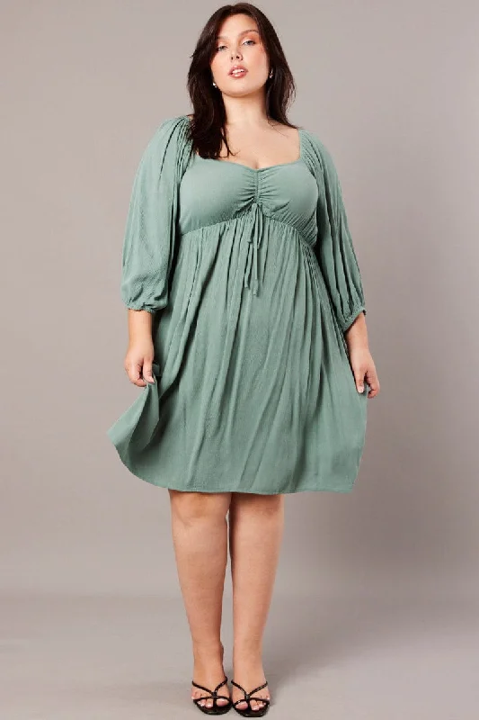 Green Crinkle Ruched Drawstring Mini Dress