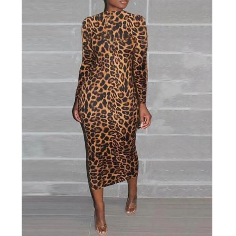 FashionSierra - High neck long sleeve leopard print dress women Slim fit turtlenecek midi dresses Autumn Bodycon Party dress Vestidos