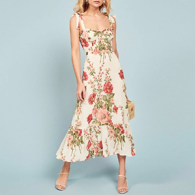 FashionSierra - Print Beach Dress Sweetheart Neck Strap Elegant Vintage Chiffon Midi Dress