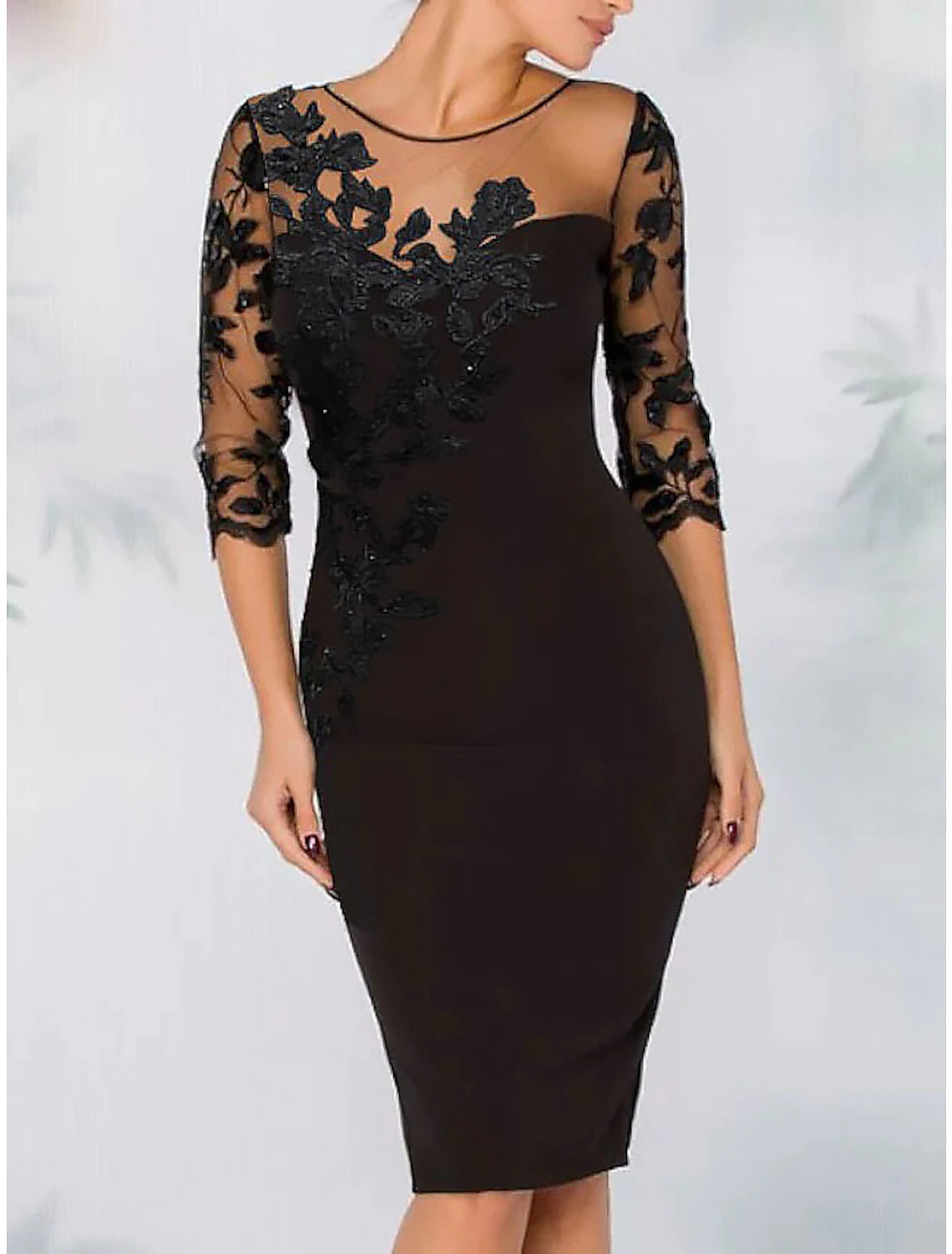 Sheath Cocktail Elegant Dress Fall Wedding Guest Dress Long Sleeve Black Dress Midi Dress Floral Embroidery Illusion Neck With Beading Lace