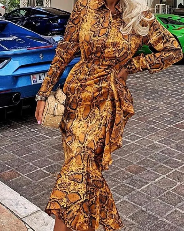 FashionSierra - Snake Print Midi Fishtail Dress Women Ruffles Designed Long Sleeve Dress Winter 2019 Elegant Ol Party Dresses