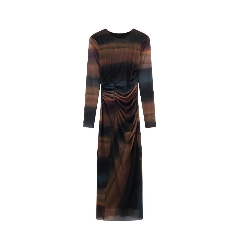 FashionSierra - Tied Dyed Print Mesh Midi Dress Female Chic Elastic Pleat Casual Slim Vestidos