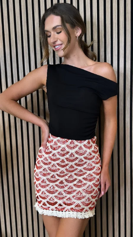 Veronica Red & Cream Printed Crochet Trimmed Mini Skirt