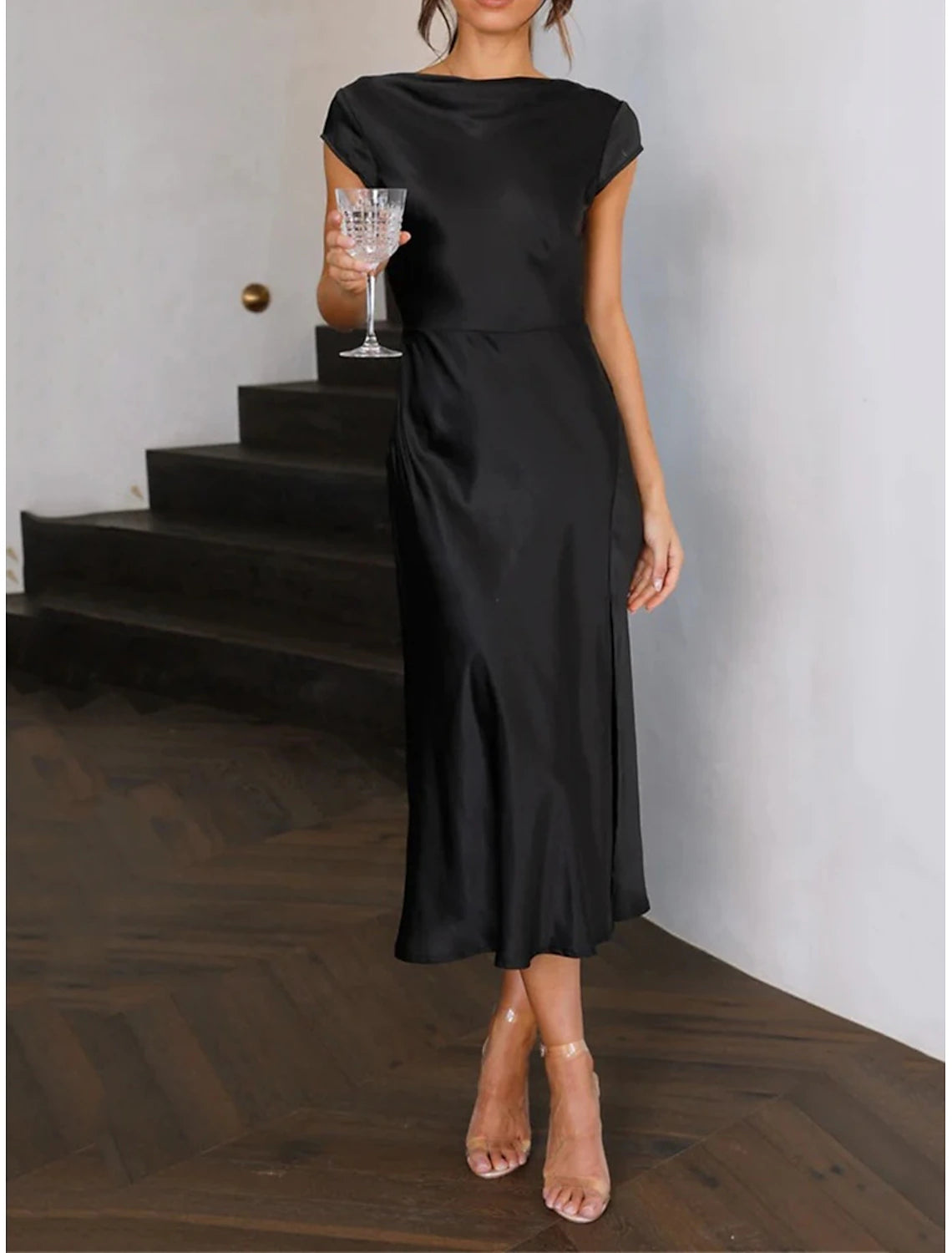 Women's Sequin Dress Party Dress Cocktail Dress Midi Dress Black Champagne Brown Short Sleeve Plain Backless Summer Spring Fall Surplice Neck Elegant Wedding Guest Vacation Spring Dress