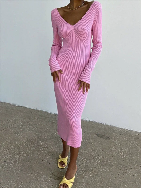 FashionSierra - V-Neck Backless Knit Rib Wrap Midi Pencil Dress