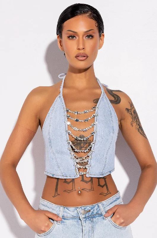 COVERED IN DIAMONDS DENIM PLUNGE CROP TOP